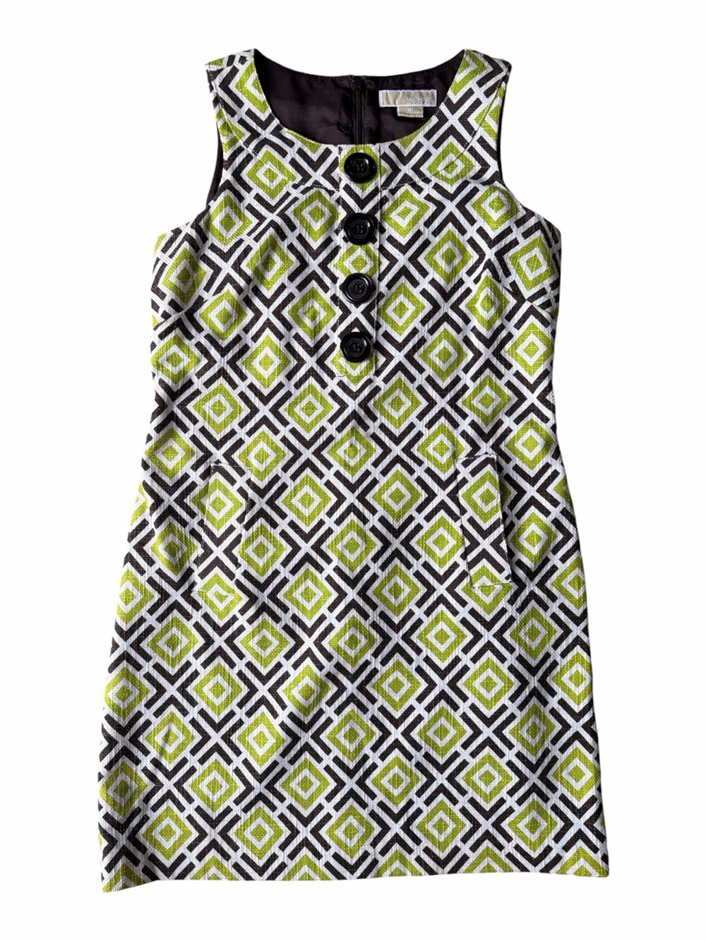 Michael Kors Retro 60s Style Green and Brown Lined Shift Dress with Pockets, 10